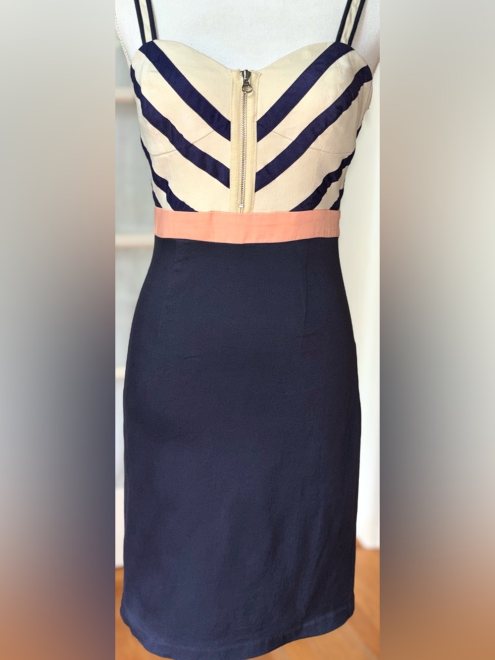 Pink Martini Colorblock Chevron Dress Navy Peach Zip Front Nautical M